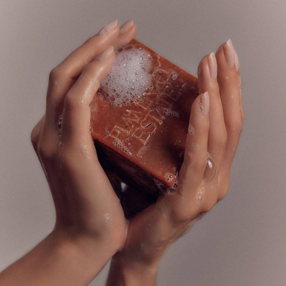 Flamingo Estate Heirloom Tomato Soap Brick (340 g) - product shown being lathered.
