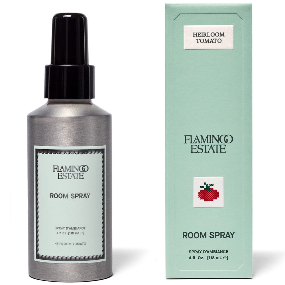 Flamingo Estate Heirloom Tomato Room Spray (118 ml) - product shown next to packaging. 