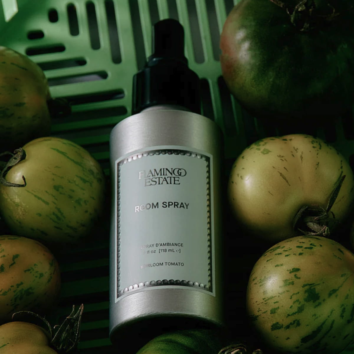 Flamingo Estate Heirloom Tomato Room Spray (118 ml) - product shown with tomatoes in basket.