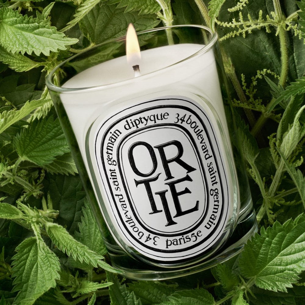 Diptyque Ortie (Nettle) Classic Candle (190 g) - product shown on leafy background. 