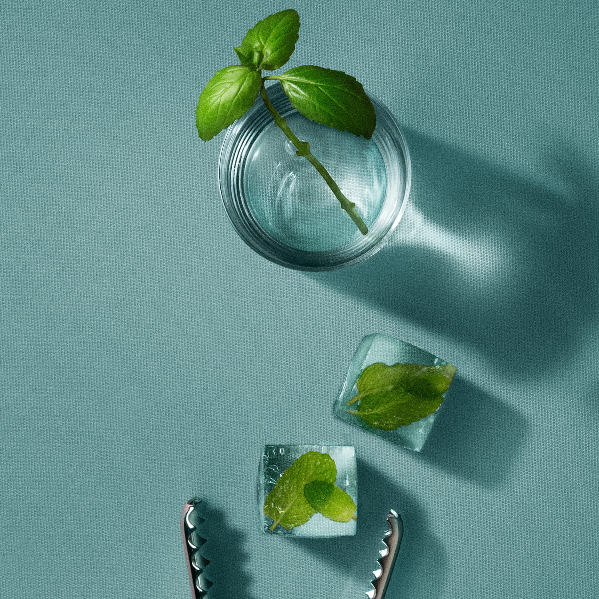 Cleo+Coco Body & Hair Powder - Basil Mint (25 g) - mint leaves shown in glass. 