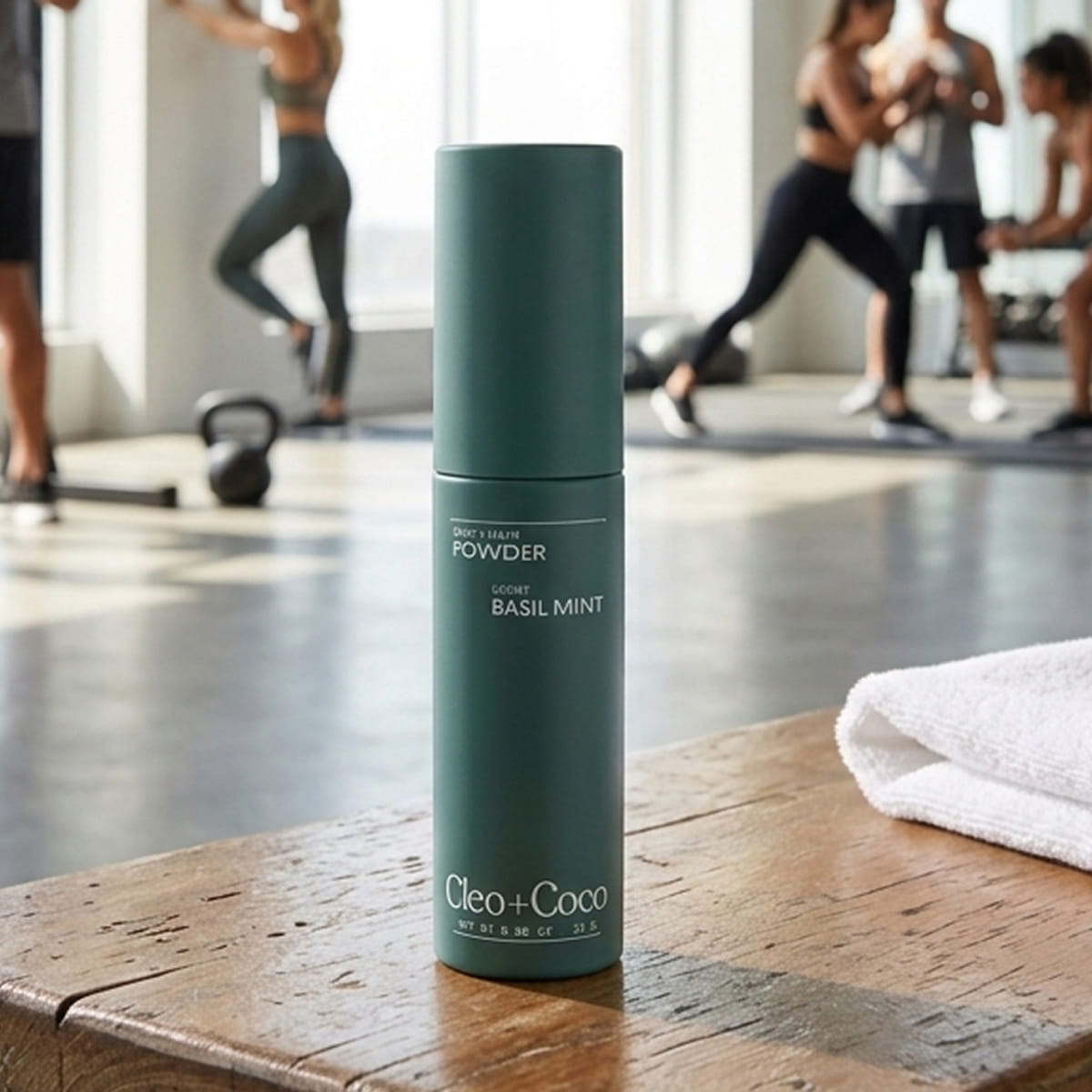 Cleo+Coco Body & Hair Powder - Basil Mint (25 g) - on a wooden surface with people exercising in the background