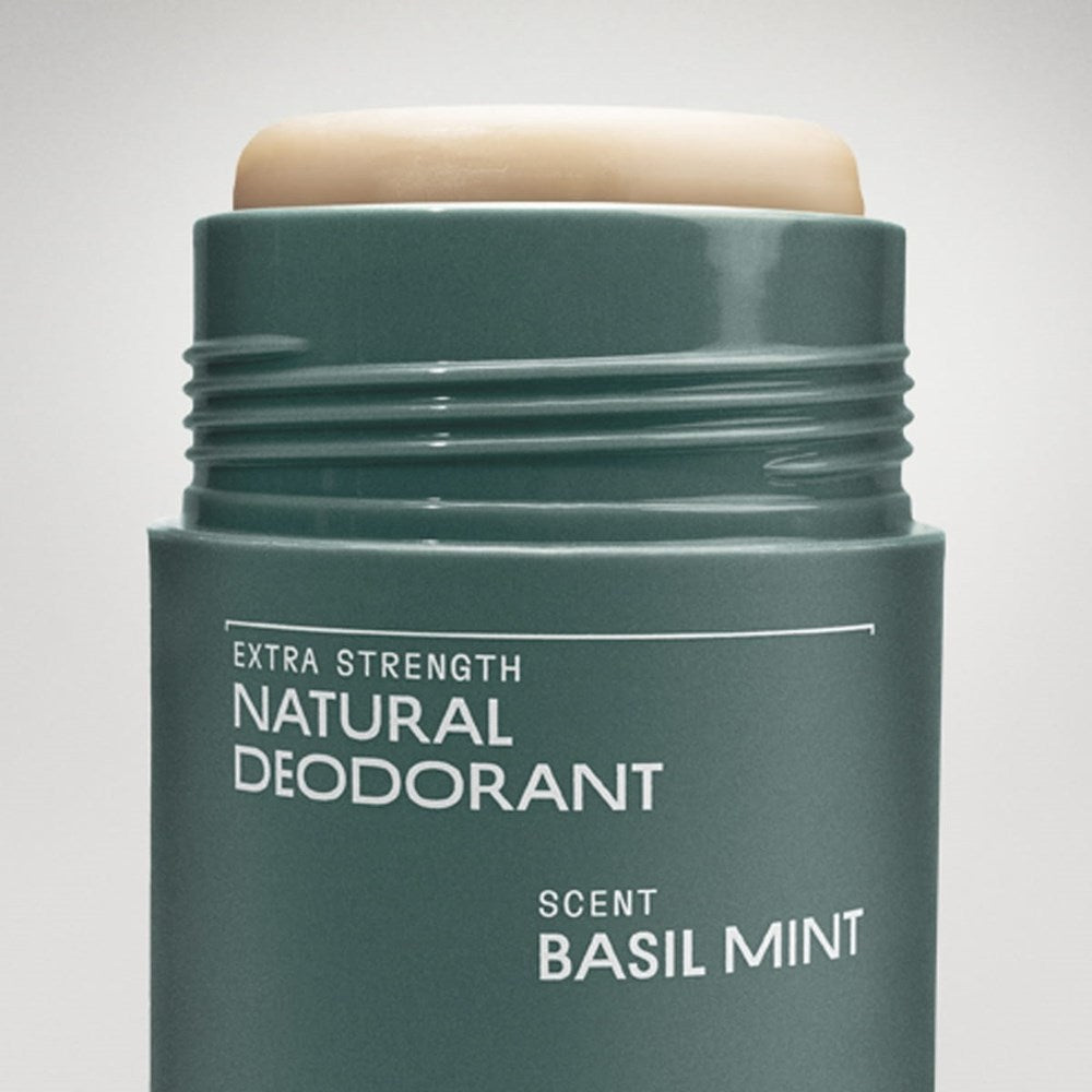 Cleo+Coco Extra Strength Deodorant - Basil Mint (62 g) - product shown up close on light grey background. 