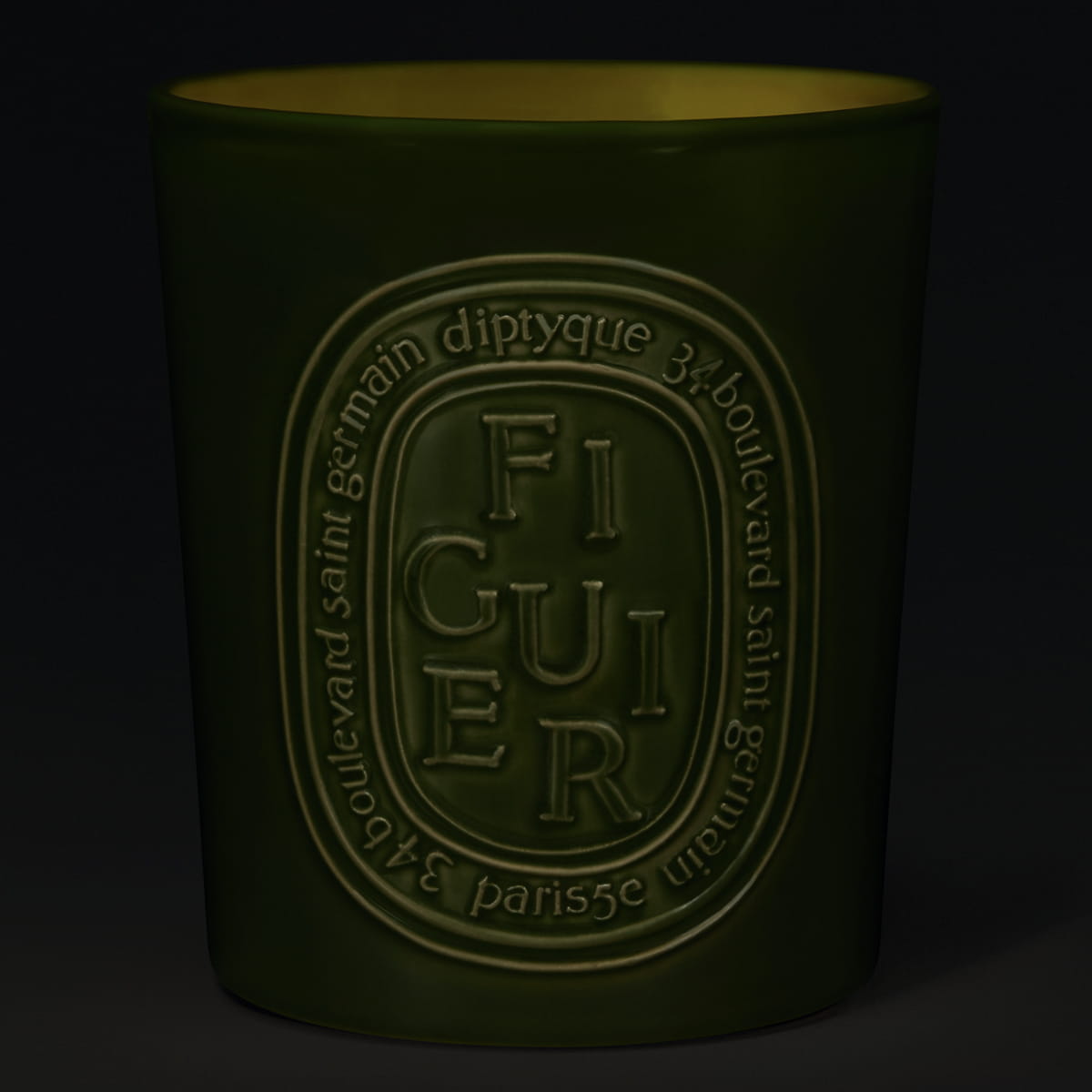 Diptyque Figuier (Fig) Large Candle (600 g) - product shown lit in dark room. 