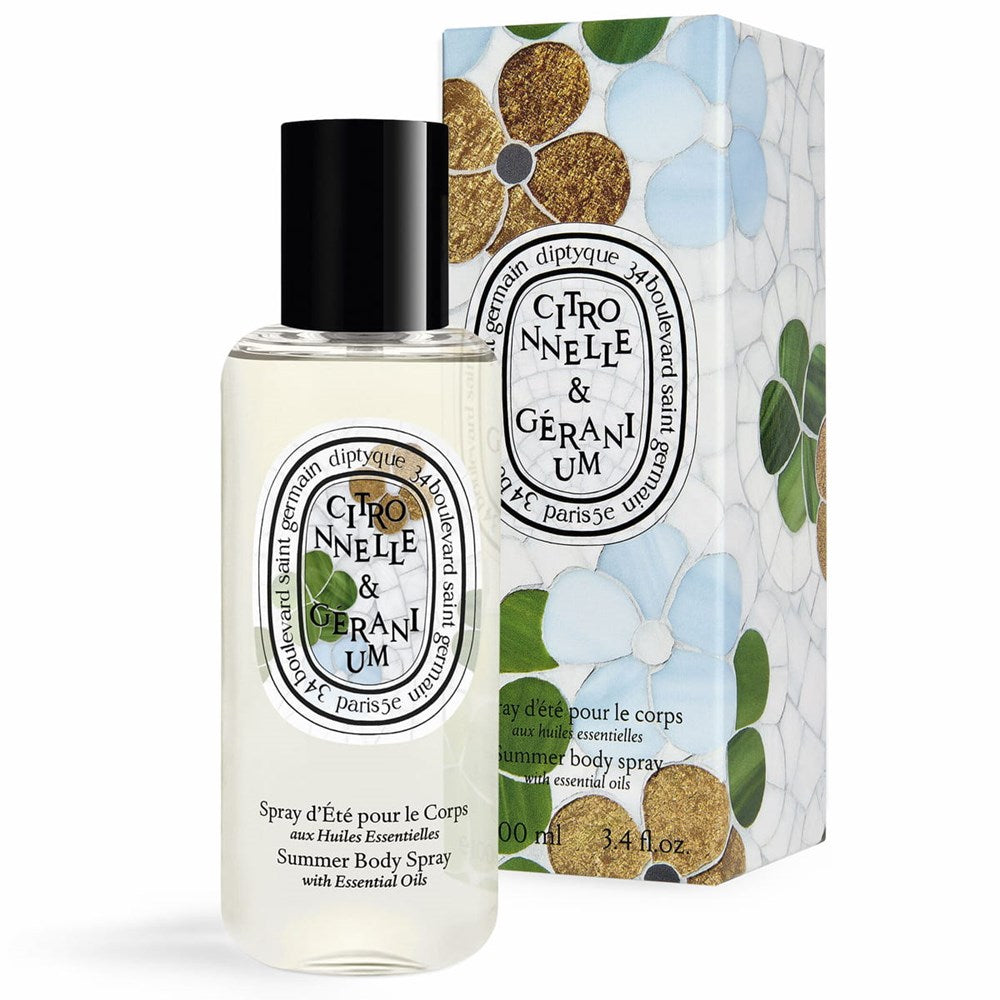 Diptyque Lemongrass &amp; Geranium Body Spray (100 ml) - product shown in front of box. 