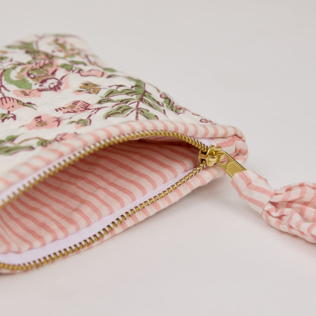 Paper Mirchi Organic Cotton Pouch Set - Floral Blush (2 pcs) - inner lining shown with zipper open. 