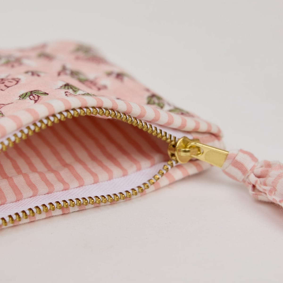 Paper Mirchi Organic Cotton Pouch Set - Floral Blush (2 pcs) - inner lining shown with zipper open.