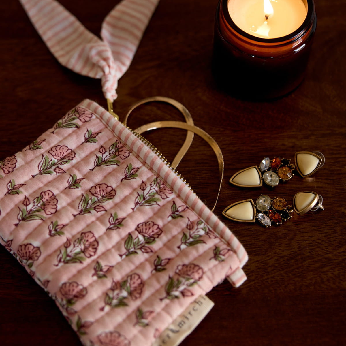 Paper Mirchi Organic Cotton Pouch Set - Floral Blush (2 pcs) - product shown on wooden counter. 
