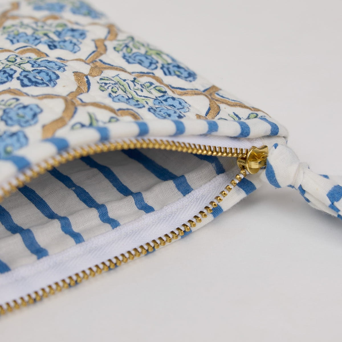 Paper Mirchi Organic Cotton Pouch Set - Floral Indigo (2 pcs) - product shown up close.