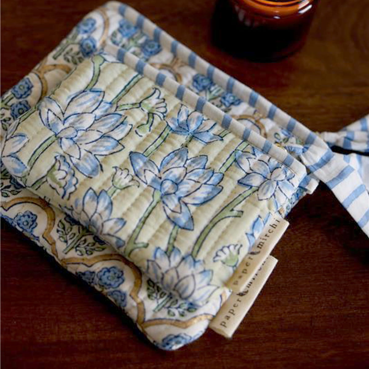 Paper Mirchi Organic Cotton Pouch Set - Floral Indigo (2 pcs) - product shown on wooden counter. 