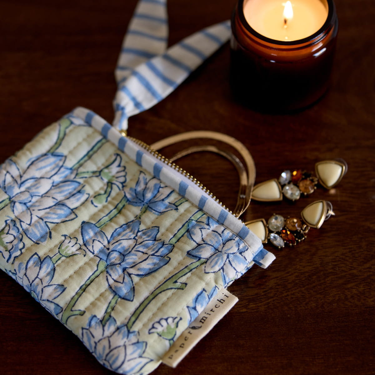Paper Mirchi Organic Cotton Pouch Set - Floral Indigo (2 pcs) - product shown on wooden counter. 