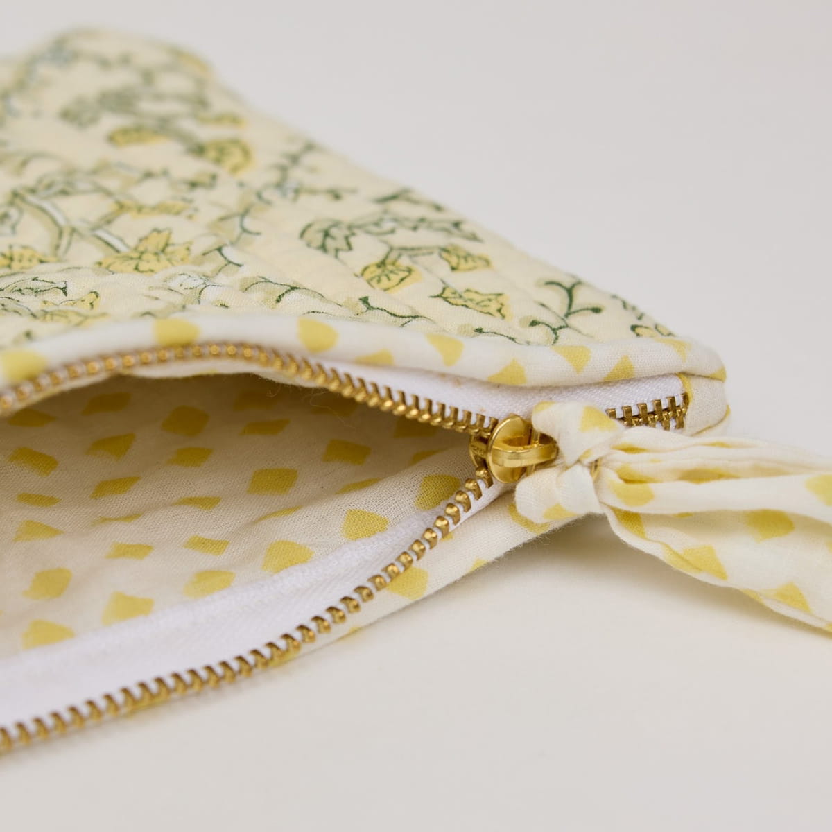 Paper Mirchi Organic Cotton Pouch Set - Floral Buttercream (2 pcs) - product shown up close. 