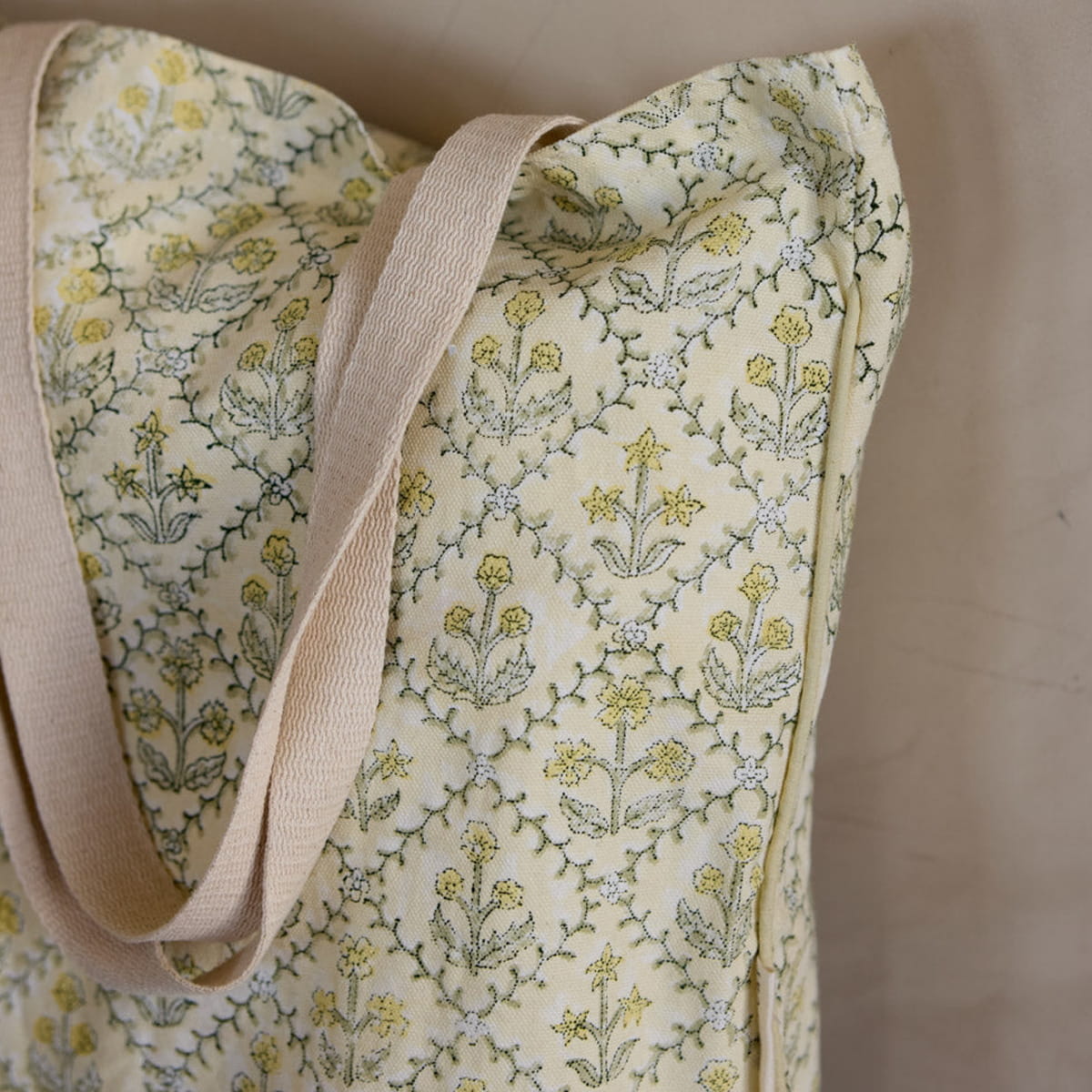 Paper Mirchi Organic Cotton Tote Bag - Floral Buttercream (1 pc) - product shown up close.