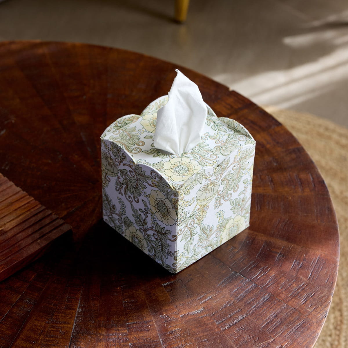 Paper Mirchi Tissue Box - Wild Rose Buttercream (1 pc) - product shown on wooden counter.