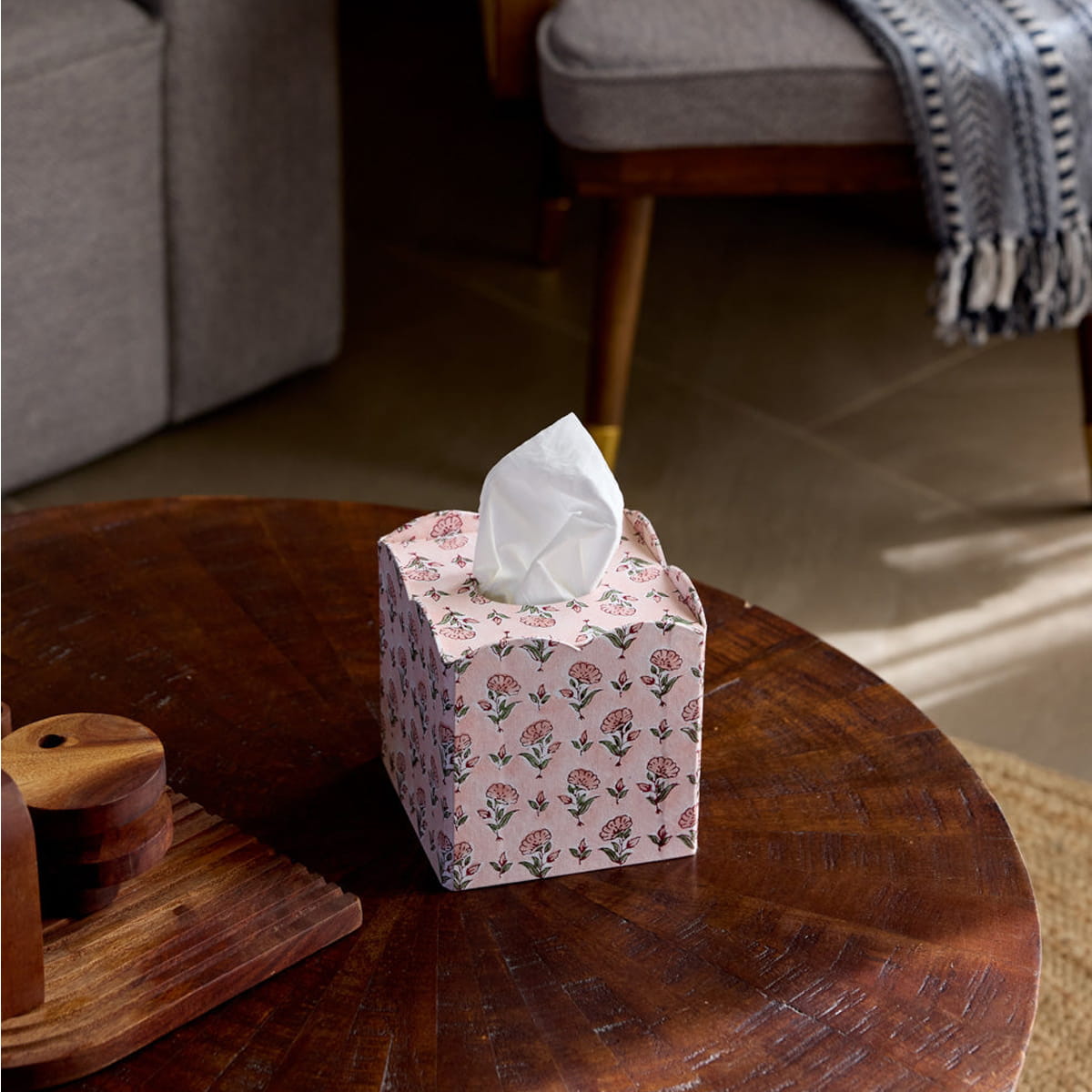 Paper Mirchi Tissue Box - Ditsy Floral Blush (1 pc) - product shown on wooden table. 