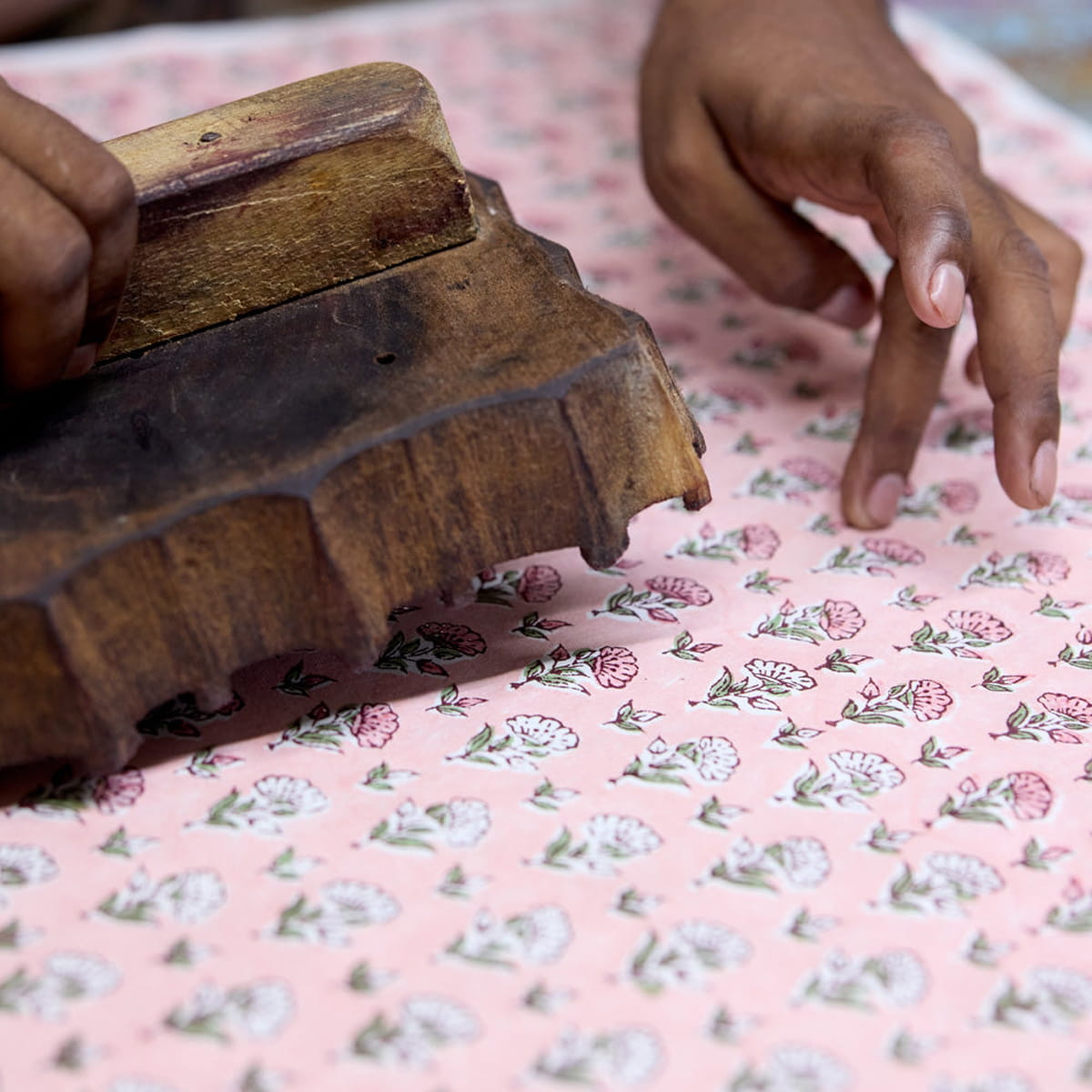 Paper Mirchi Tissue Box - Ditsy Floral Blush (1 pc) - product shown being block printed.
