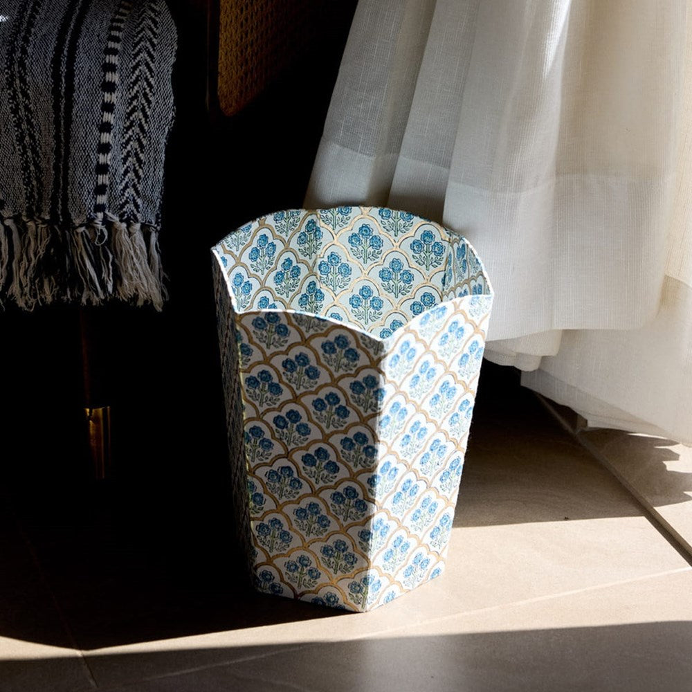 Paper Mirchi Waste Paper Basket - Trellis Indigo (1 pc) - product shown on floor.