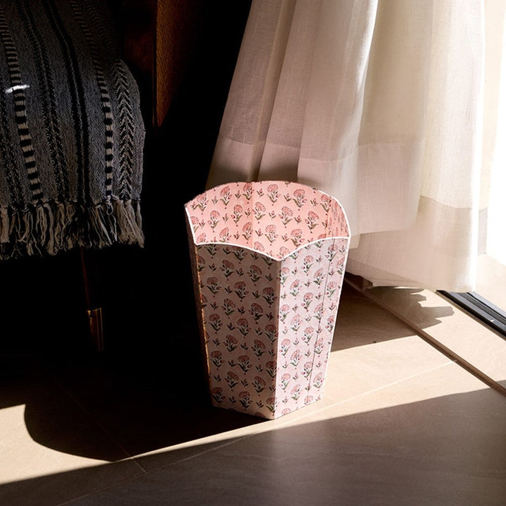 Paper Mirchi Waste Paper Basket - Ditsy Floral Blush (1 pc) - product shown on floor. 