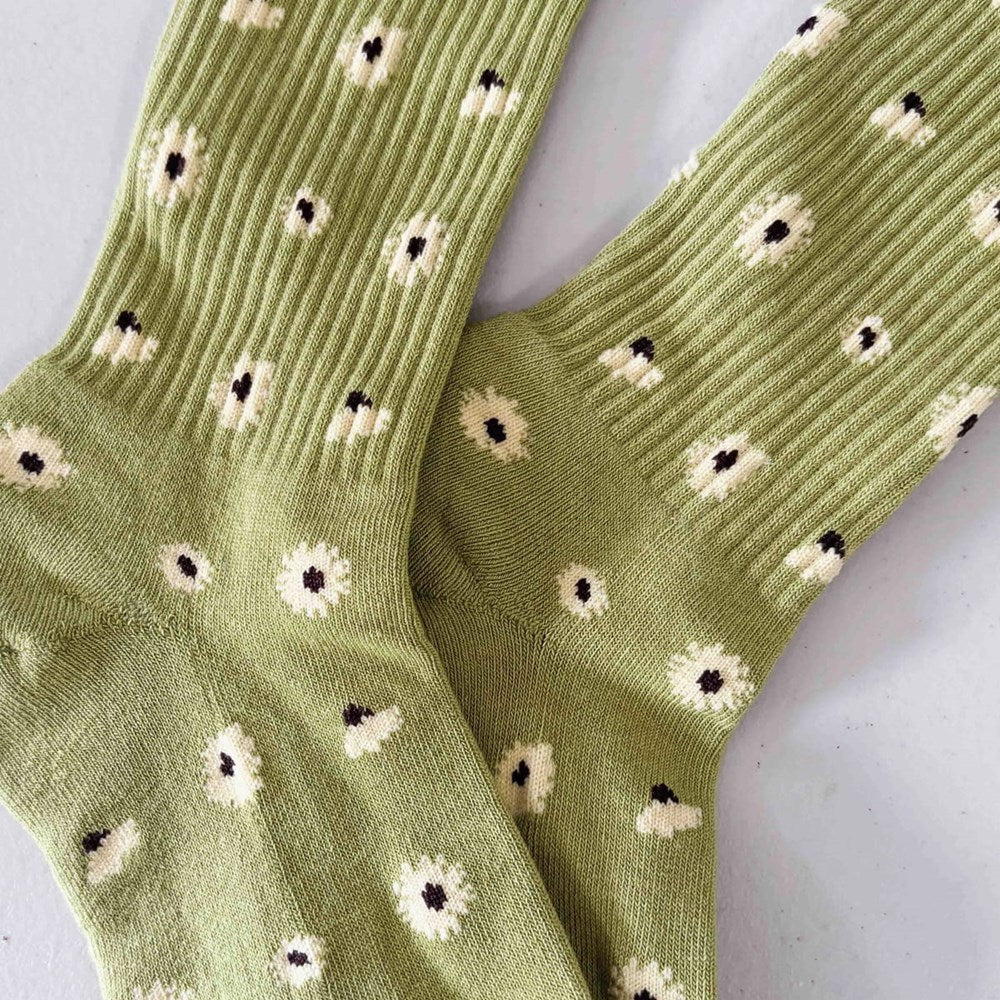 Tiepology Daisy Dot Crew Socks - Green (1 pair) - product shown up close.