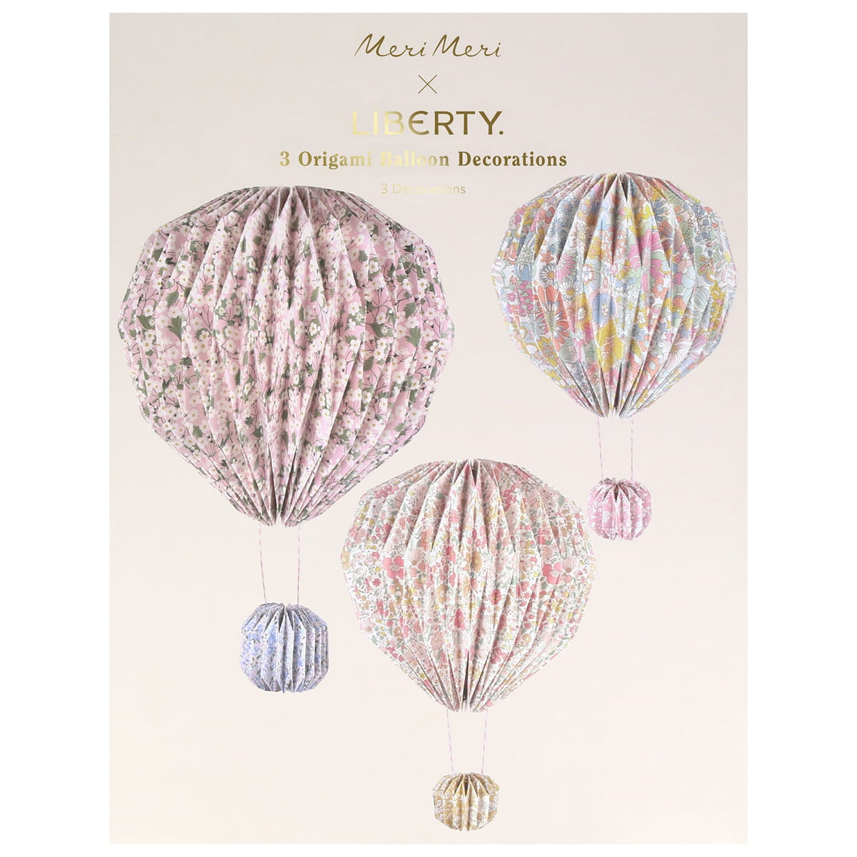 Meri Meri X Liberty Origami Balloon Decorations (3 pcs) - product packaging shown. 