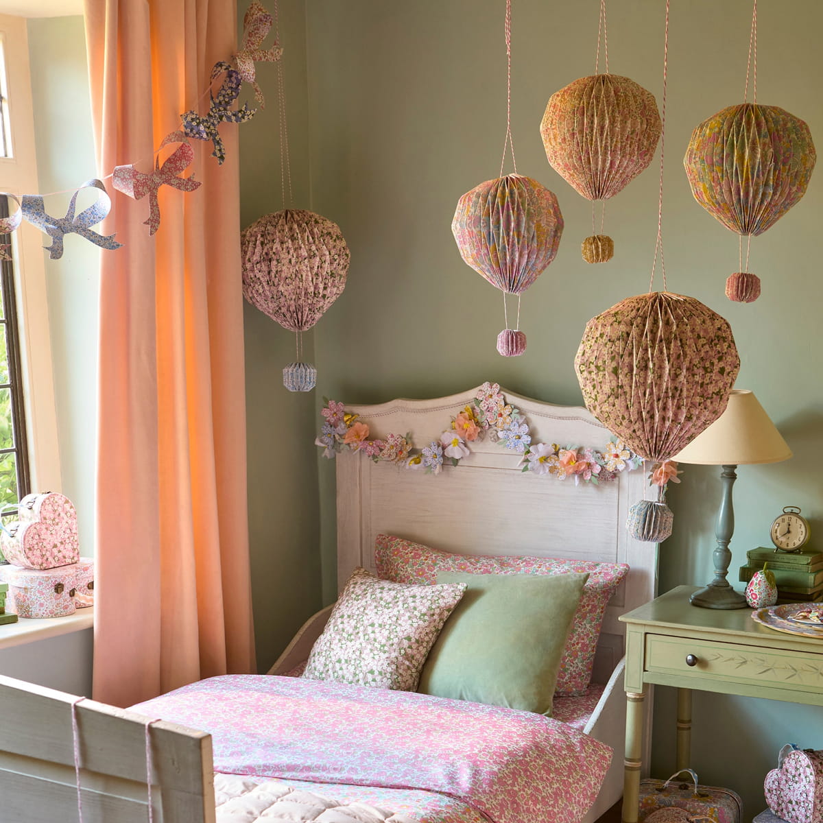 Meri Meri X Liberty Origami Balloon Decorations (3 pcs) - product shown hanging in bedroom.