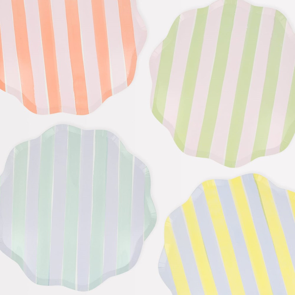 Meri Meri Pastel Stripe Plates (8 pcs) - product shown up close. 