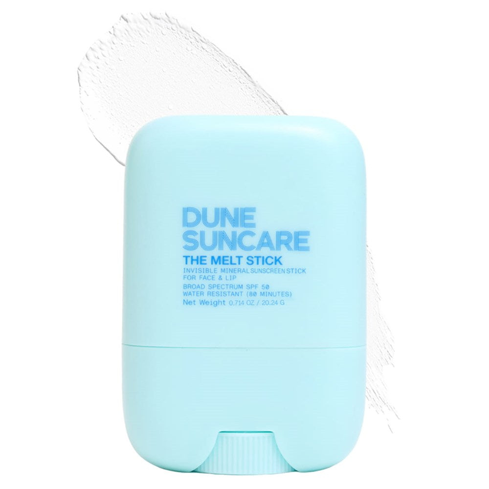 DUNE Suncare The Melt Stick (20.24 g) - product shown with swatch in background. 