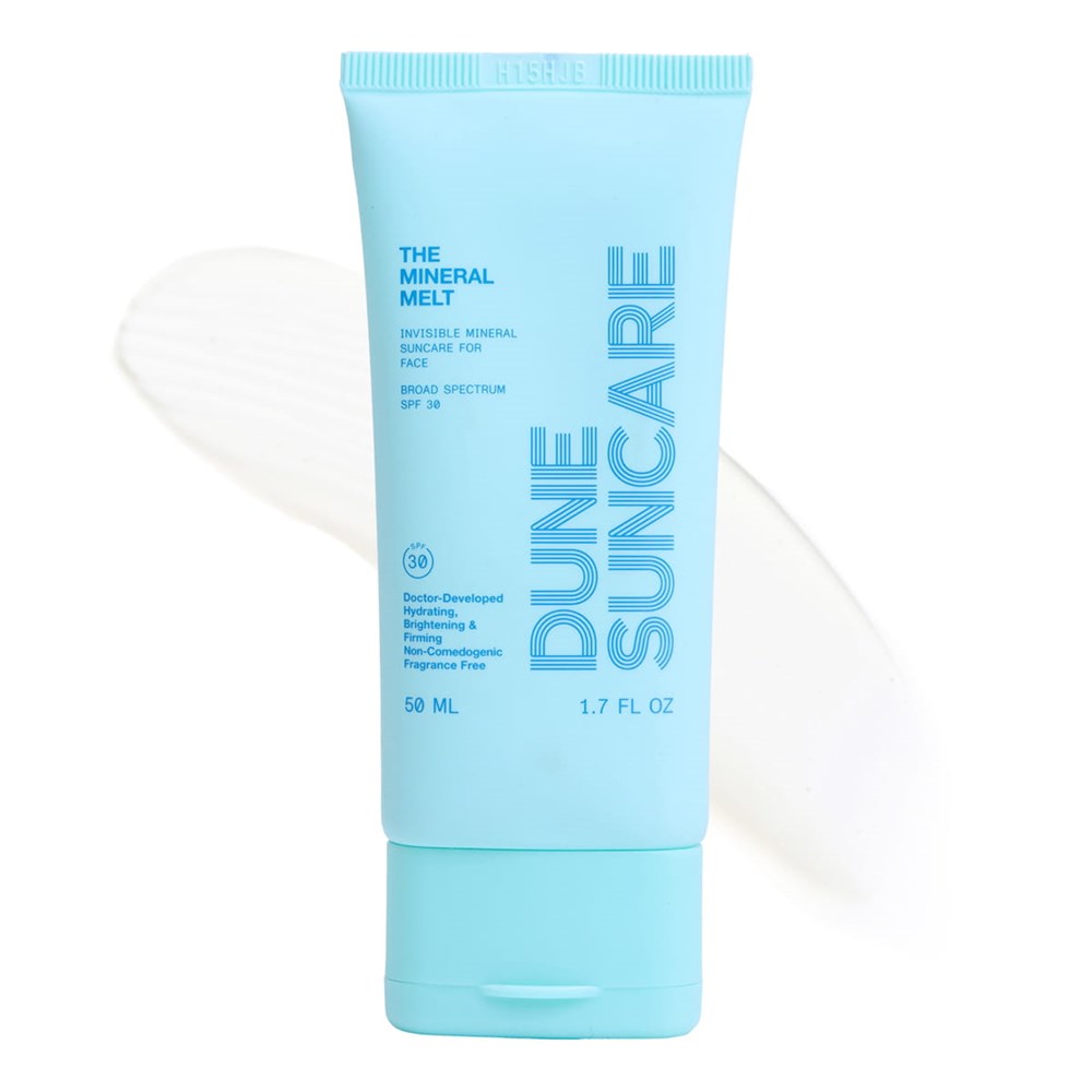 DUNE Suncare The Mineral Melt (50 ml) - product shown with swatch behind it.