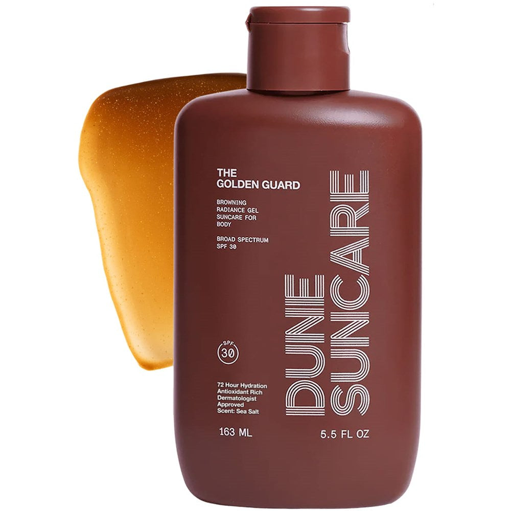 DUNE Suncare The Golden Guard (163 ml) - product shown in front of swatch. 