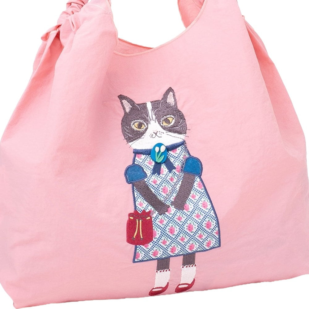 Kusuguru Embroidered Cat Nylon Shoulder Bag - Pink (1 pc) - product shown up close.