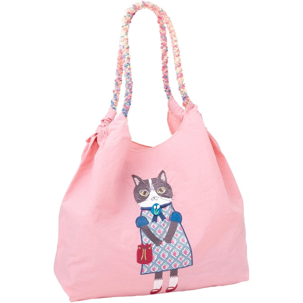 Kusuguru Embroidered Cat Nylon Shoulder Bag - Pink (1 pc)