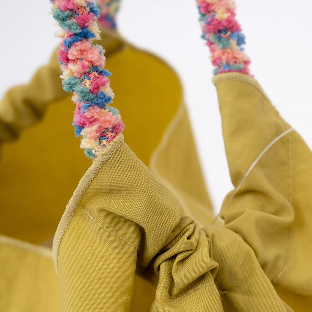 Kusuguru Embroidered Cat Nylon Shoulder Bag - Yellow (1 pc) - product shown close up. 