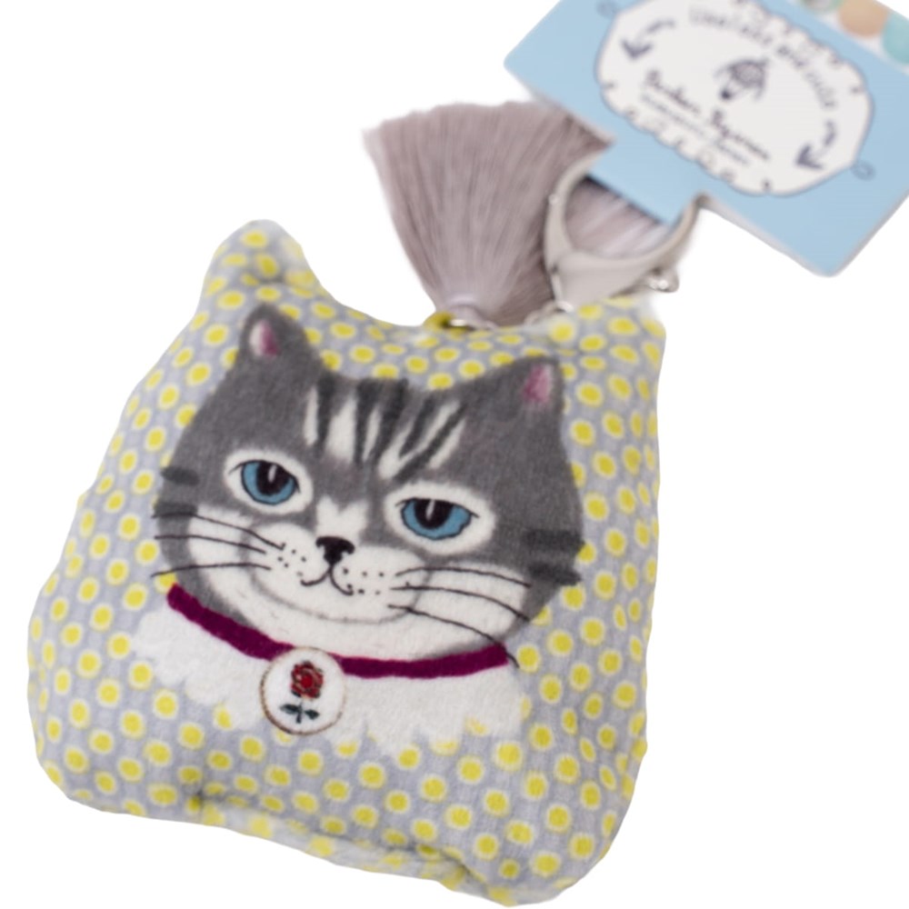 Kusuguru Cat Puffed Fabric Keychain With Tassel - Grey & Green (1 pc)