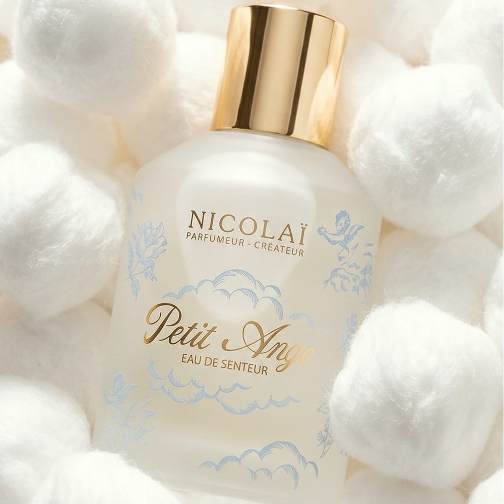 Parfums de Nicolai Petit Ange Eau de Senteur (100 ml) - product shown on top of cotton balls. 