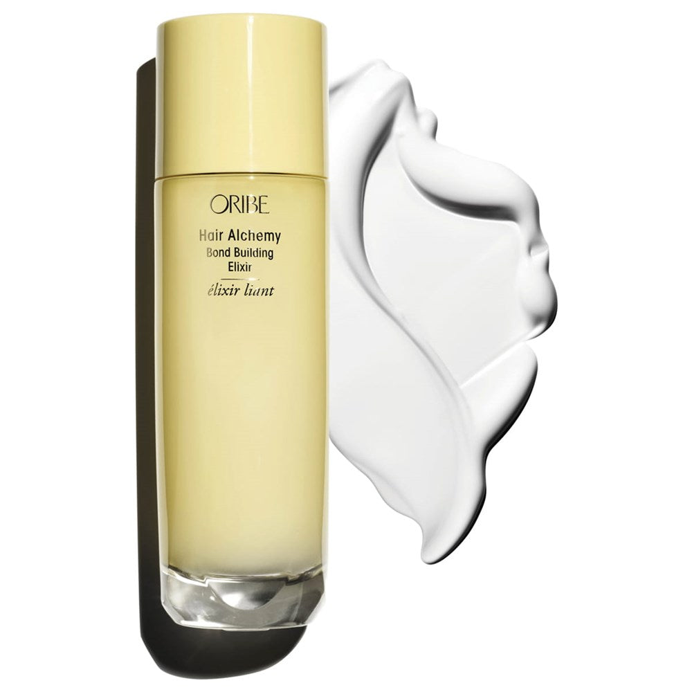 Oribe Hair Alchemy Bond Building Elixir (3.4 oz) - product shown next to swatch.