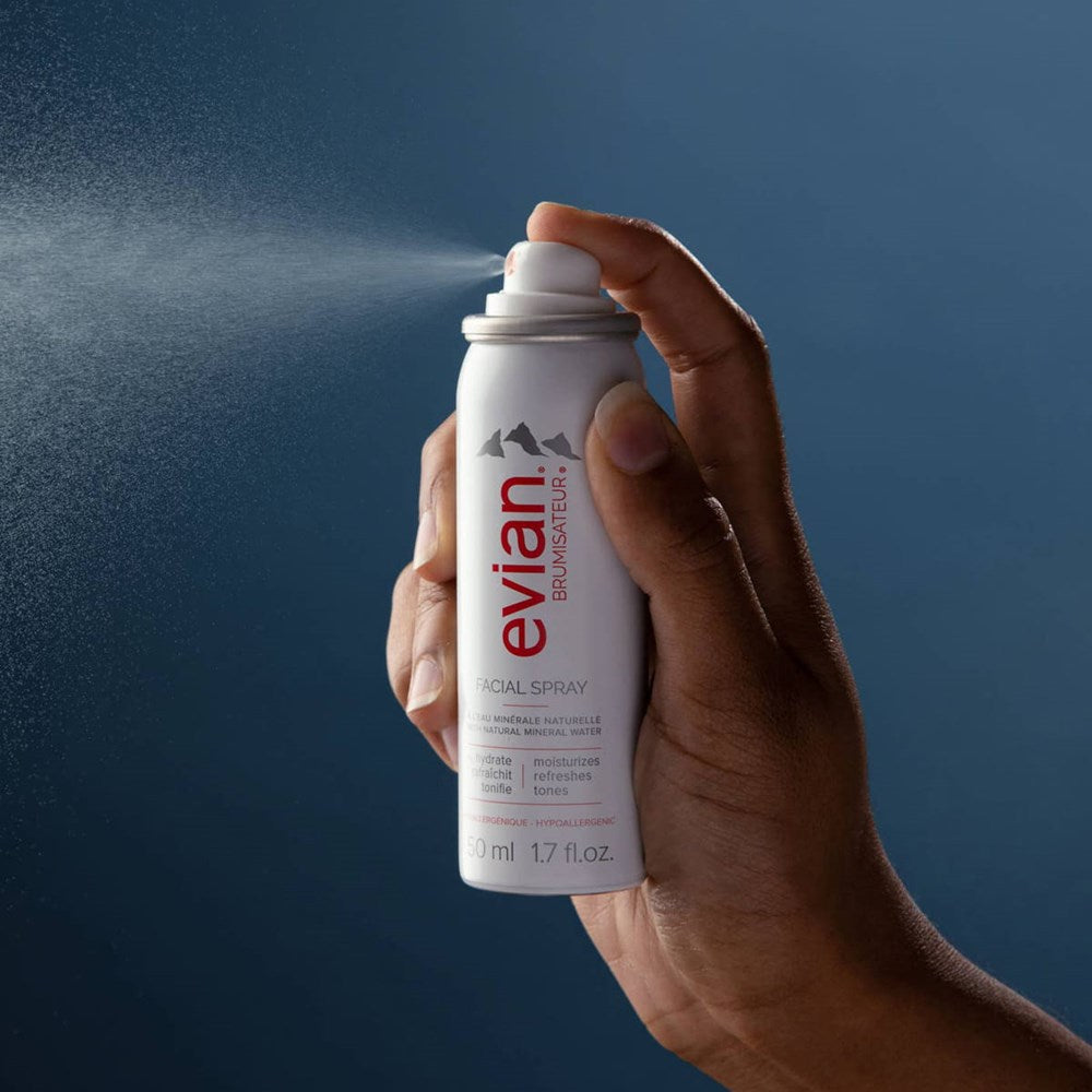 Evian Facial Spray (50 ml) - product shown being sprayed.