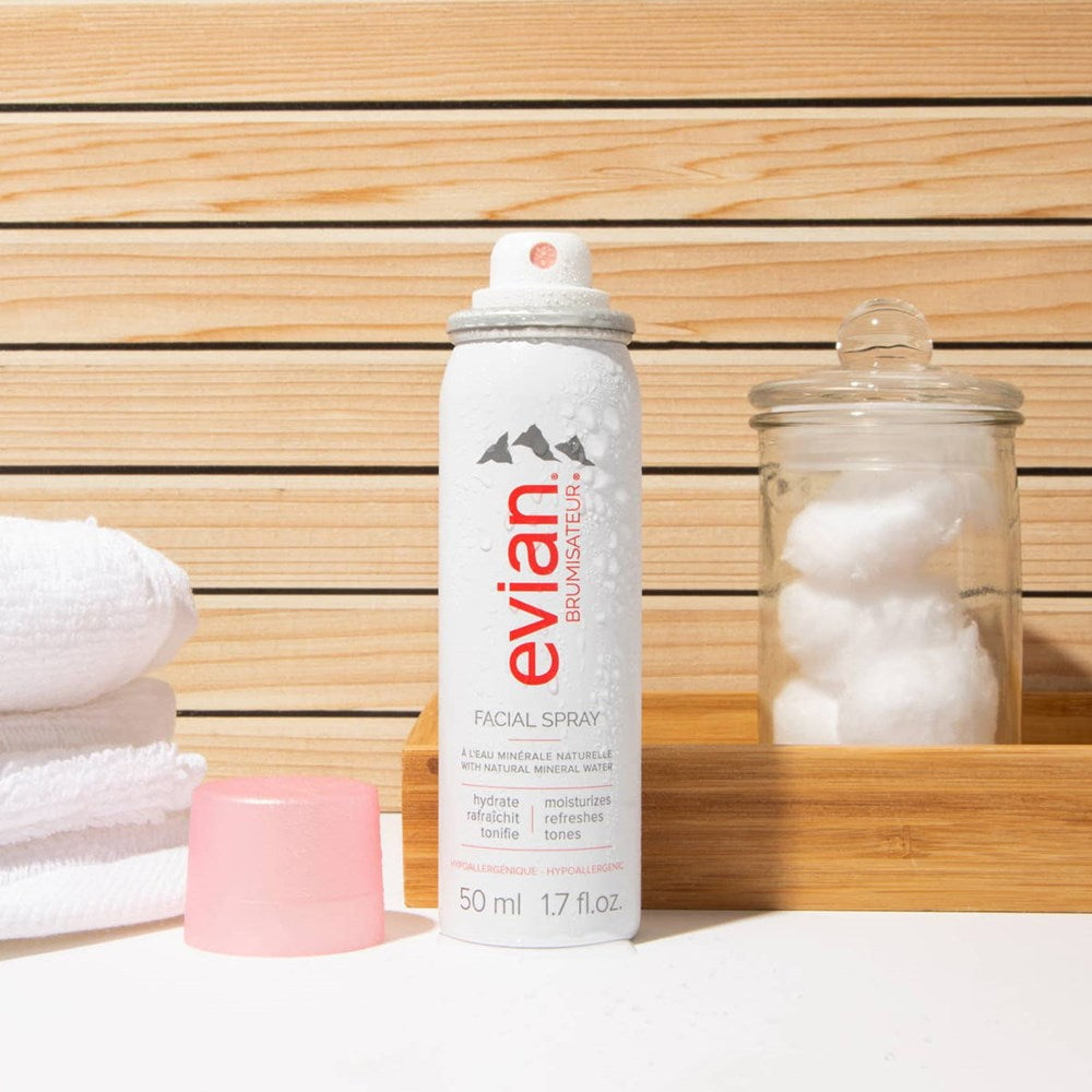 Evian Facial Spray (50 ml) - product shown with lid off.