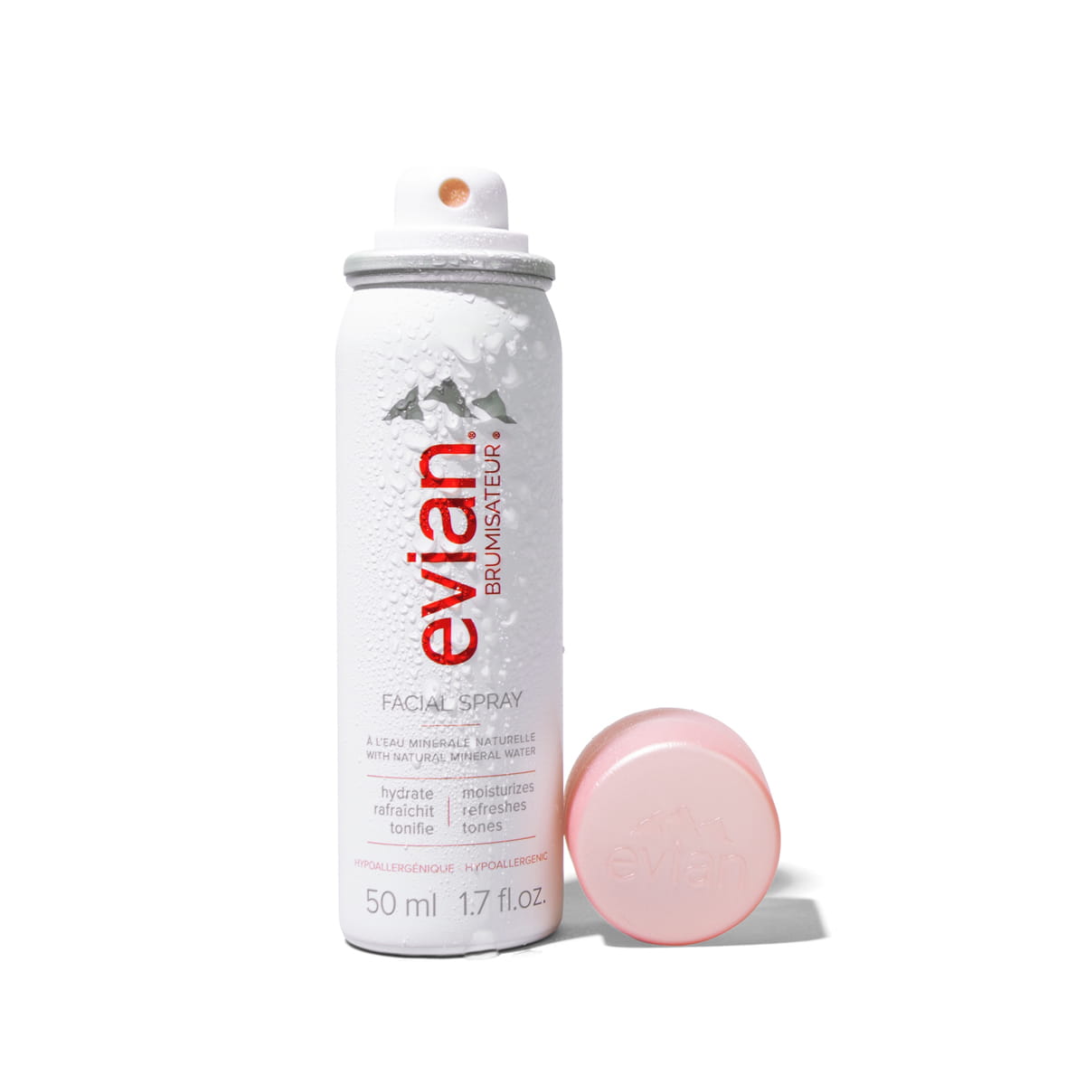 Evian Facial Spray (50 ml) - product shown with lid off.