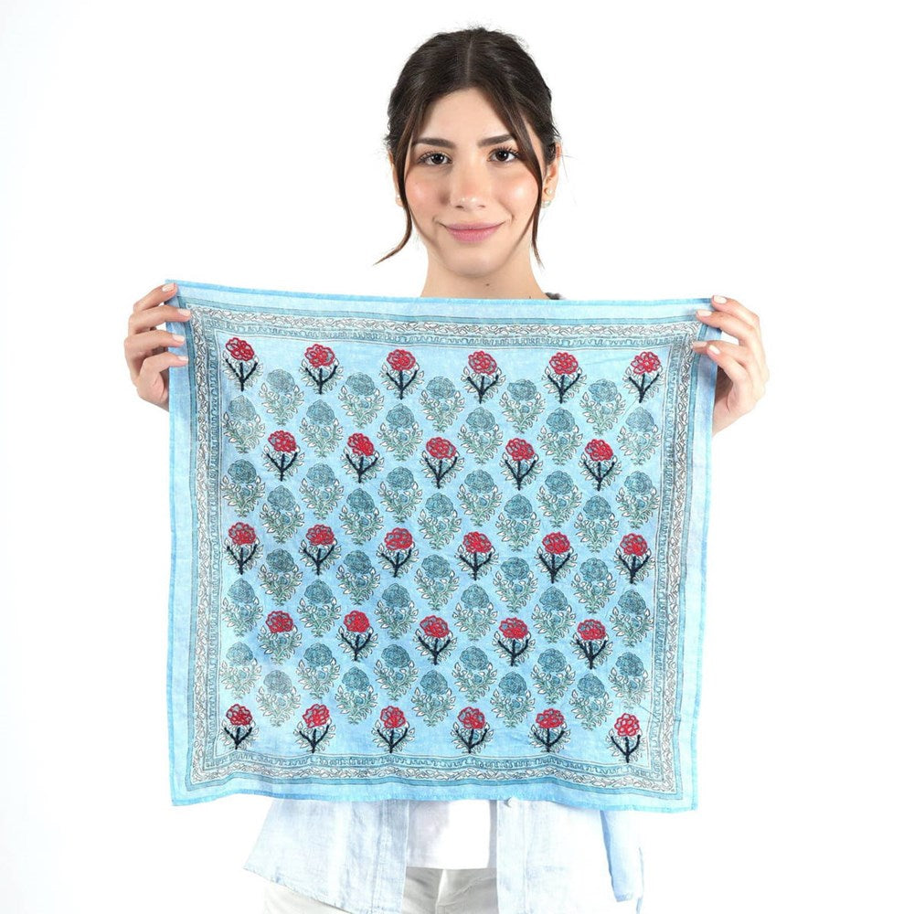 Vismaya Azure Rose Garden Bandana - Blue (1 pc) - product shown being held up by model.