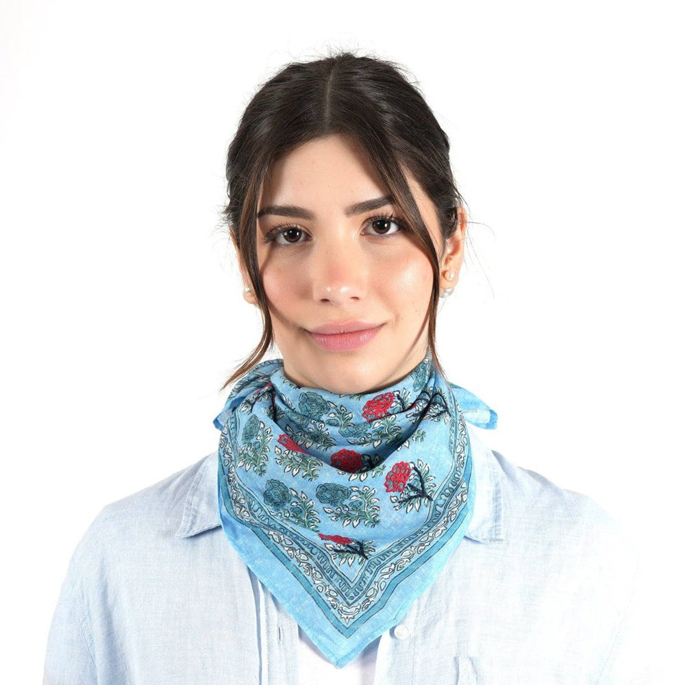 Vismaya Azure Rose Garden Bandana - Blue (1 pc) - product shown styled on model.