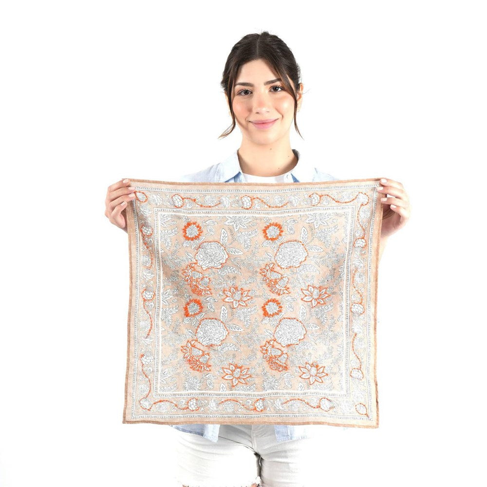 Vismaya Blooming Peonies Bandana - Tan (1 pc) - product shown being held up by model.