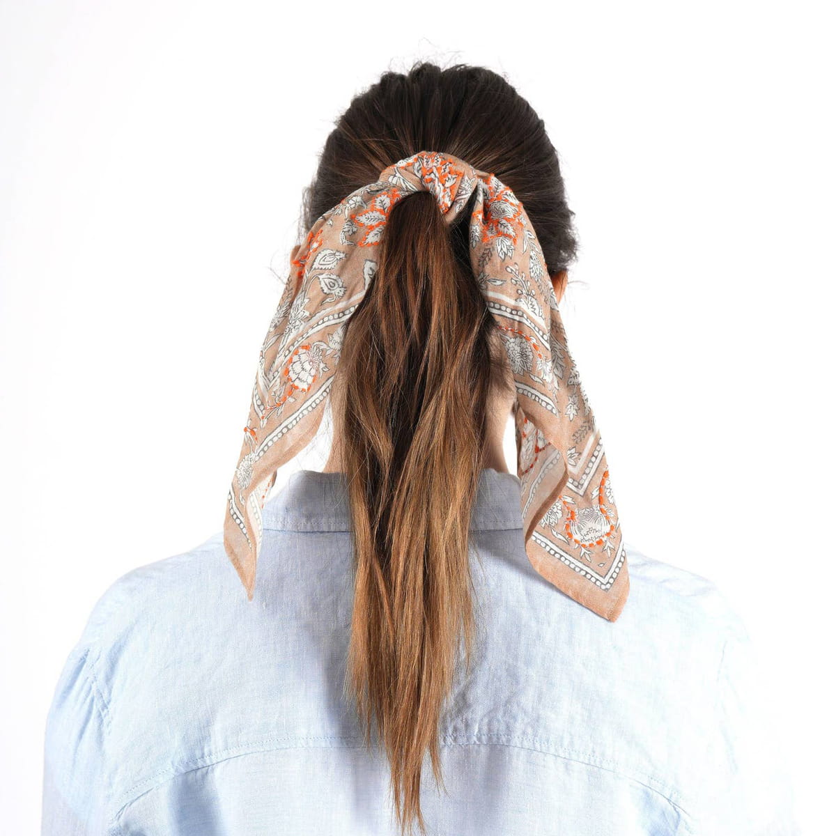 Vismaya Blooming Peonies Bandana - Tan (1 pc) - product shown styled on model.