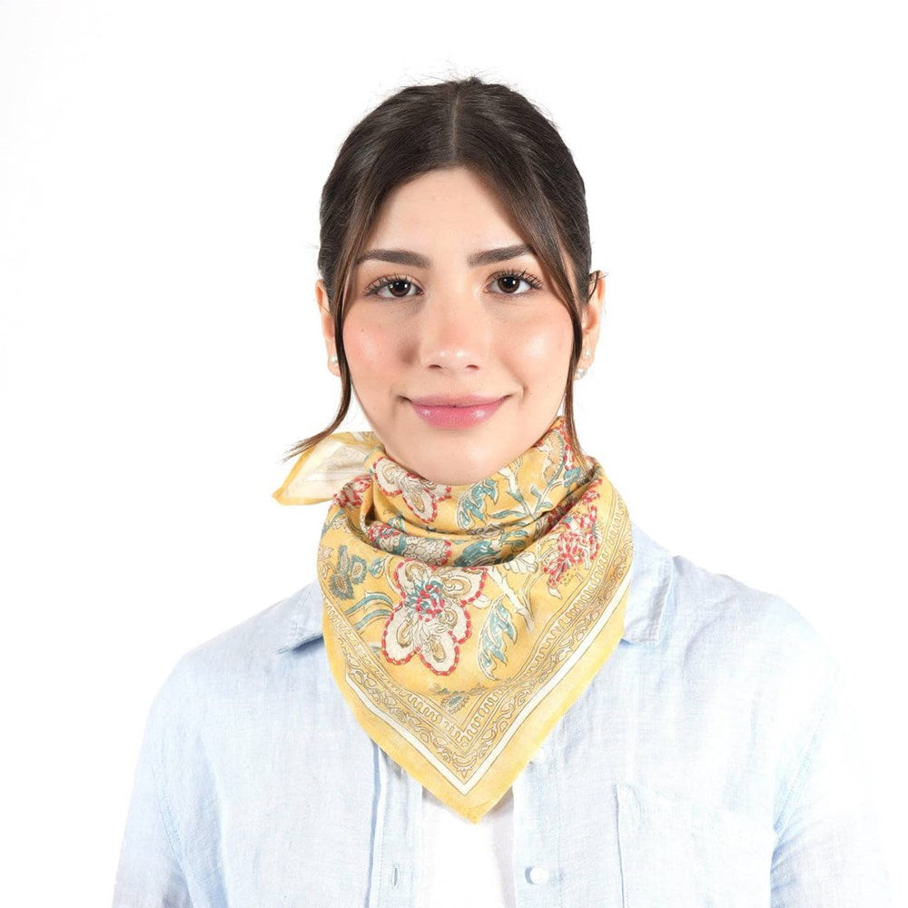 Vismaya Blossom Reverie Bandana - Mustard (1 pc) - product shown being styled on model.