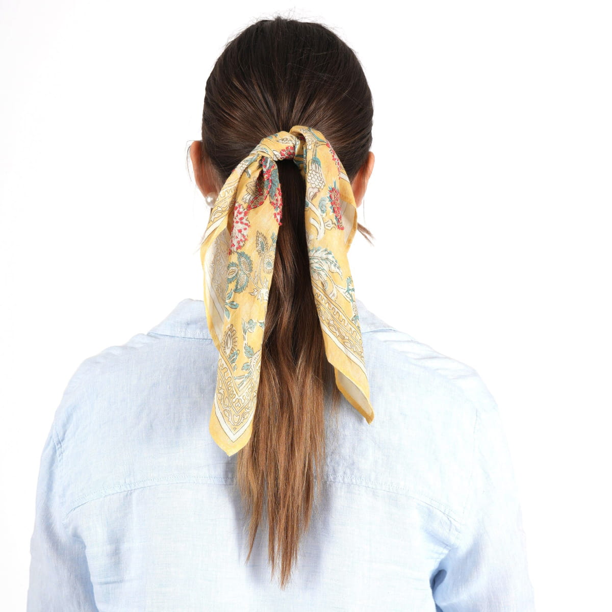 Vismaya Blossom Reverie Bandana - Mustard (1 pc) - product shown being styled on model.