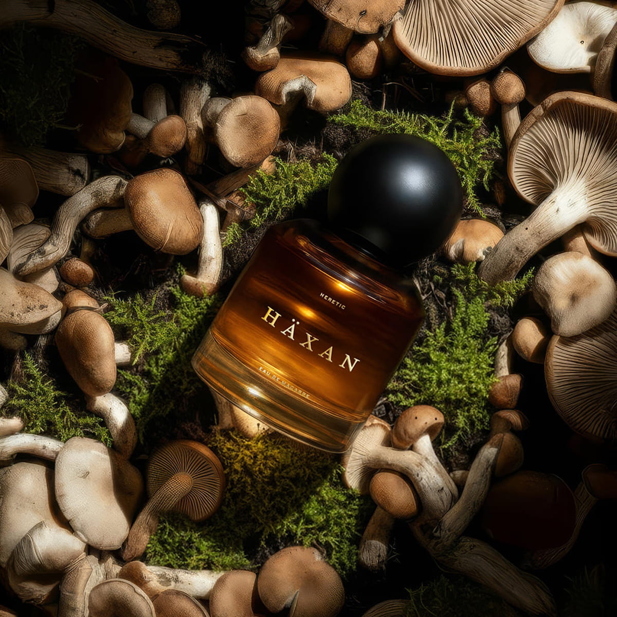 Heretic Parfum Haxan Eau de Macabre (30 ml) - product shown surrounded by mushrooms.