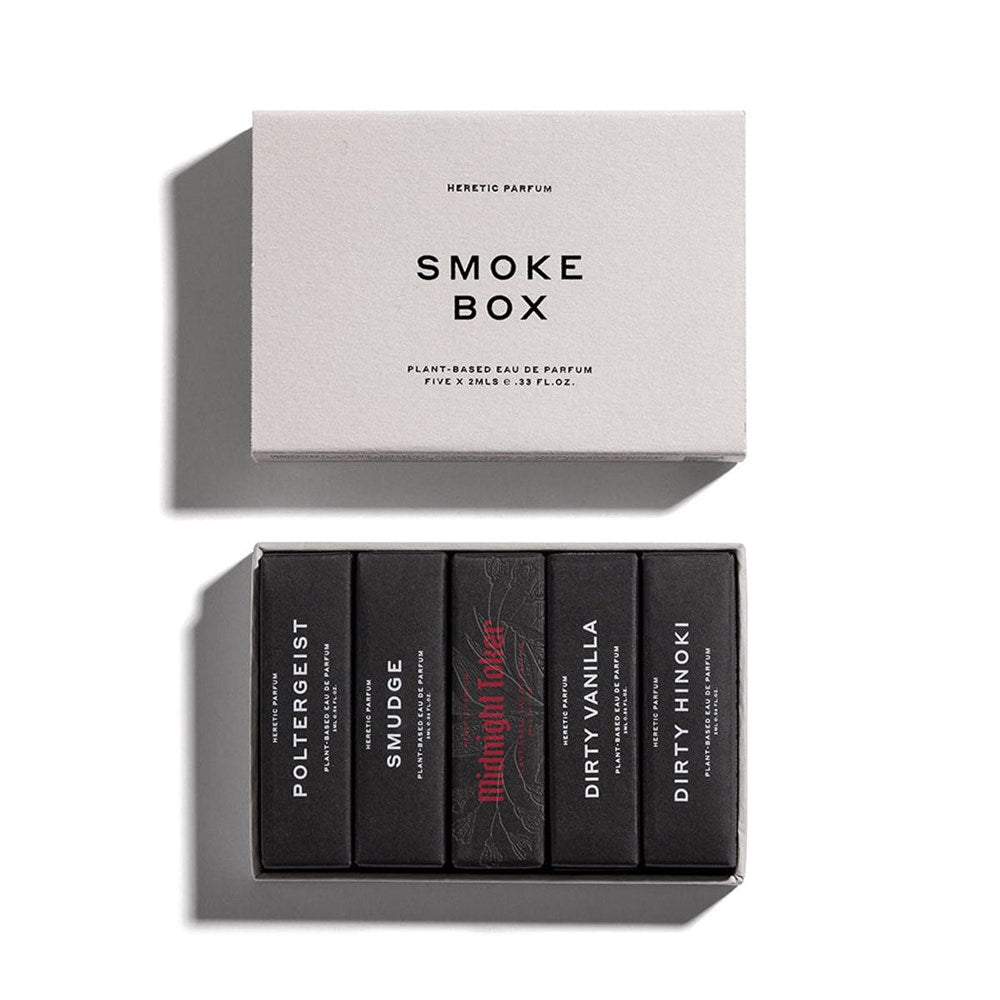 Heretic Parfum Smoke Box Eau de Parfum (5 x 2 ml) - product shown with lid removed.