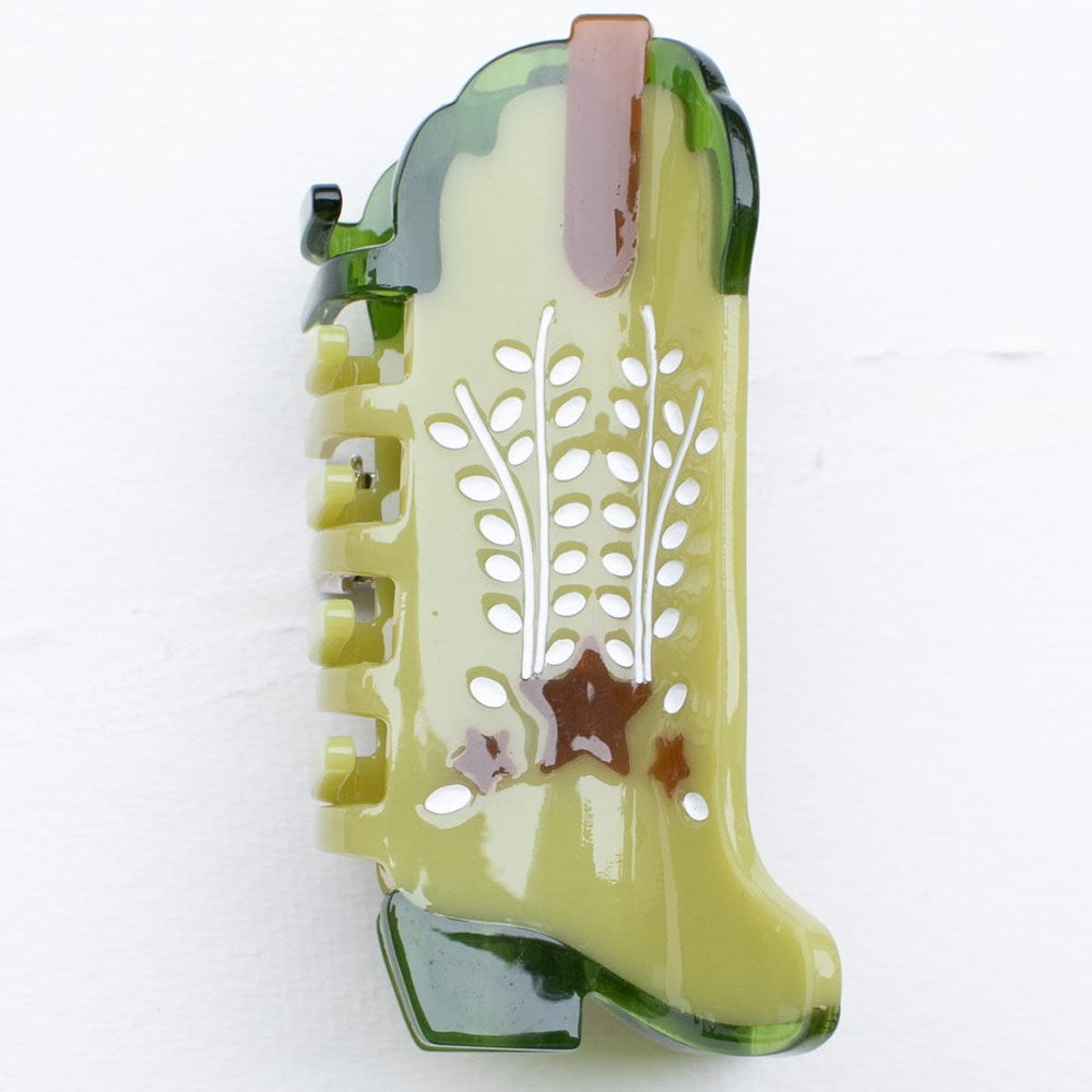 Tiepology Eco Shooting Star Cowboy Boots Hair Claw Clip - Avocado (1 pc) - product shown on counter.