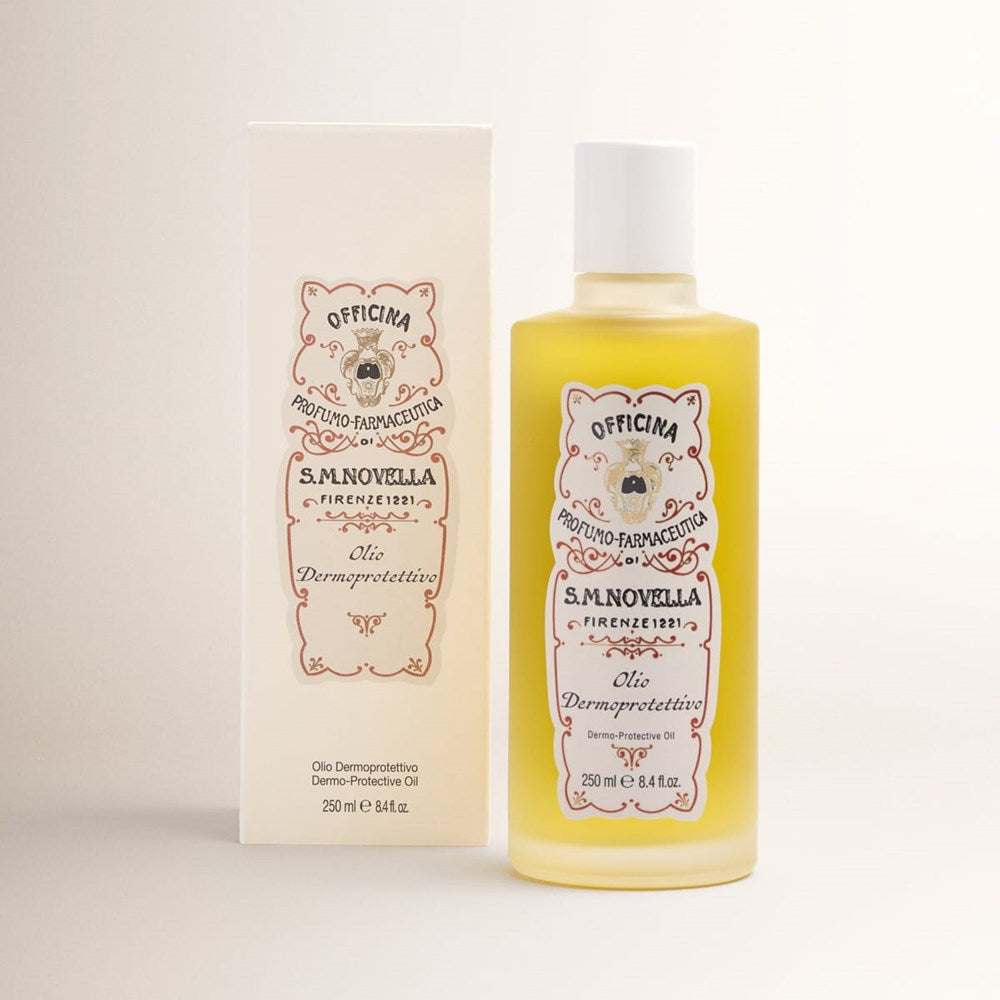 Santa Maria Novella Melograno (Pomegranate) Dermo-Protective Oil (250 ml) - product shown next to packaging.