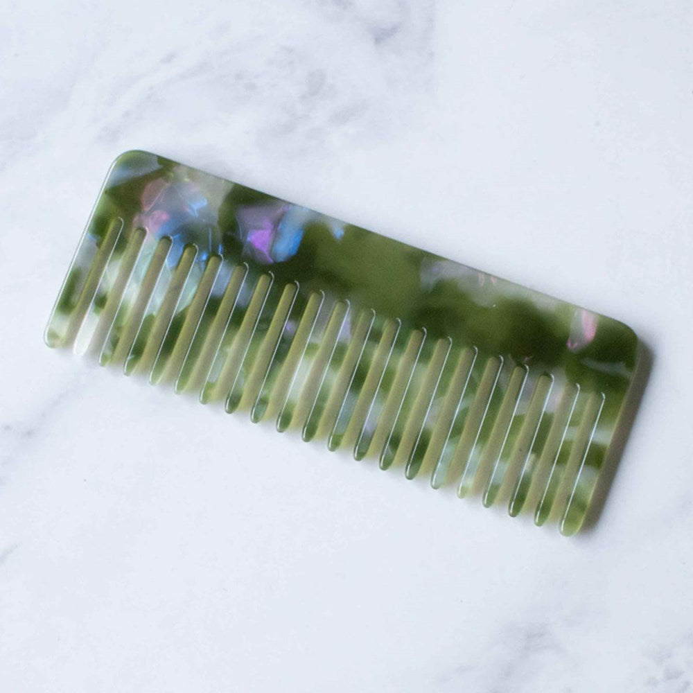 Tiepology Eco Classic Rectangle Hair Comb - Olive Pearl (1 pc) - product shown on marble counter top.