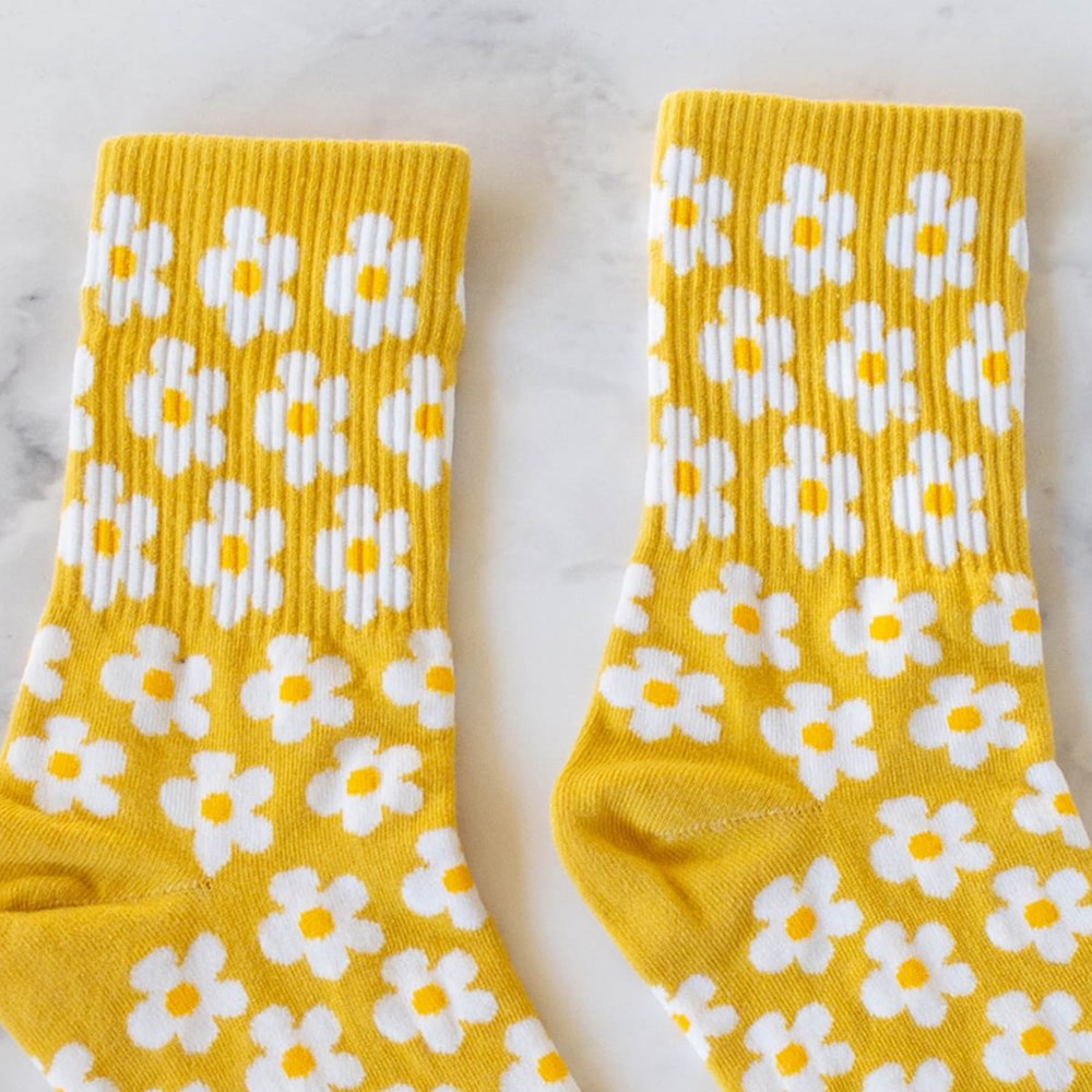 Tiepology Full of Daisy Casual Socks - Mustard (1 pair) - product shown up close.